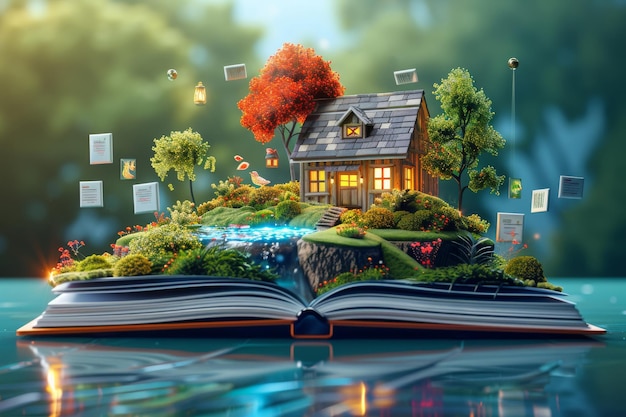 Storybook adventure begins characters A small house sits on a small island in the middle of a pond The door to the house is open