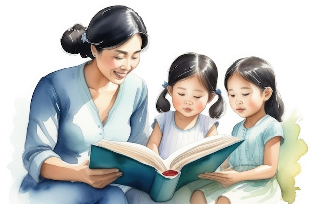 storytelling parenting children education asian mother reading interesting book to her daughters