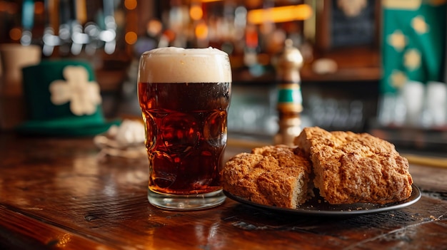 Stout beer and traditional Irish soda bread Irish pub with St Patricks Day decor AI Generated