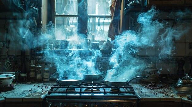 a stove with pans on it and a pan on the stove