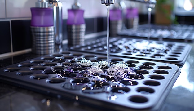 Photo a stove with a purple and silver faucet and purple knobs