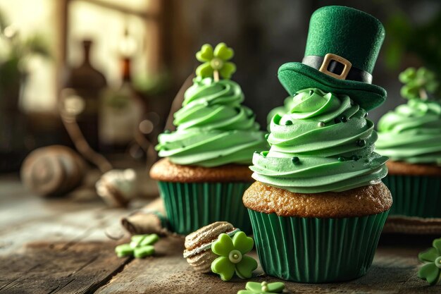 StPatrick s Day holiday cupcakes with green cream with clover and leprechaun hat