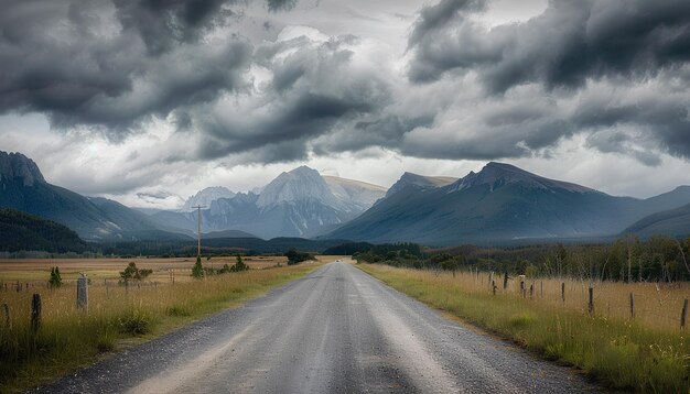 Photo straight asphalt road going into mountains on he horizon heavy dark clouds above mountains