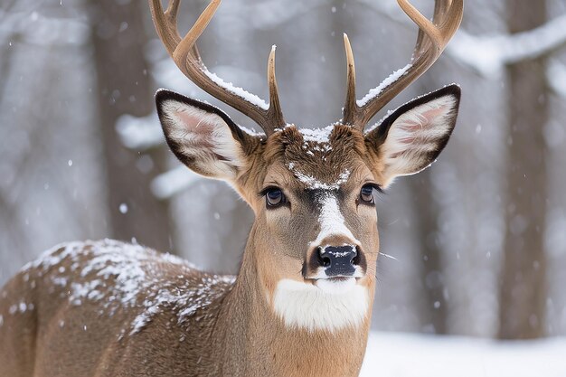 Straight on close up of a whitetailed deer standing in the snow