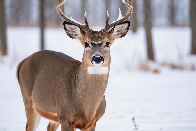 Straight on close up of a whitetailed deer standing in the snow