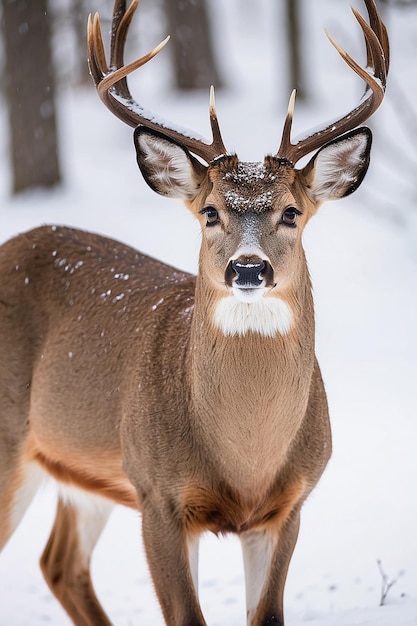 Straight on close up of a whitetailed deer standing in the snow