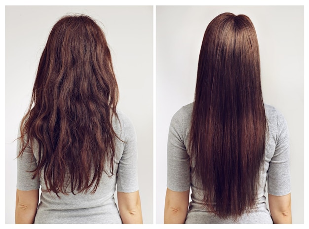 Straight or curly Before and after shot of a woman with curly and straight hair