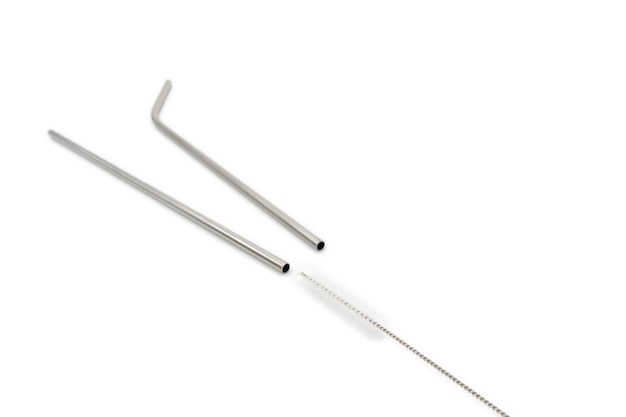 Straight and Curve Stainless straw with cleaning brush on the white background