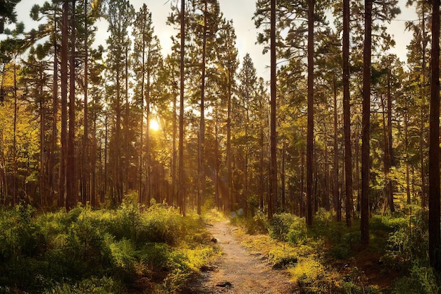 Straight duckboards path in forest on bright sunny summer day