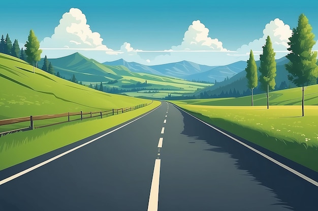 Photo straight empty road through the countryside green hills blue sky meadow and mountains summer landscape vector illustration