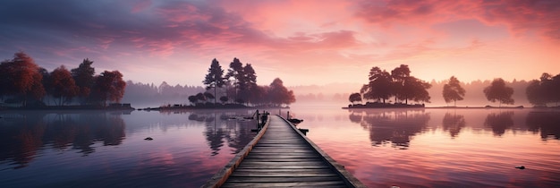 A straight flat simplistic rectangular lake dock beautiful sunrise foggy calm water Lake with a colourful sky Nature relax wallpaper Generative AI