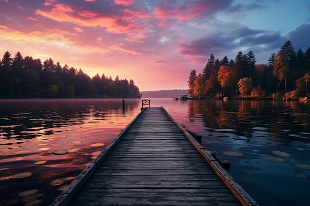 A straight flat simplistic rectangular lake dock beautiful sunrise foggy calm water Lake with a colourful sky Nature relax wallpaper Generative AI