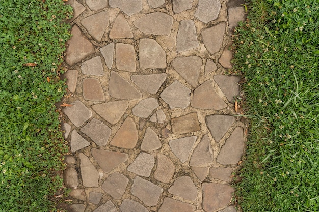 Straight line of stone pavement and lawn on both sides Top view