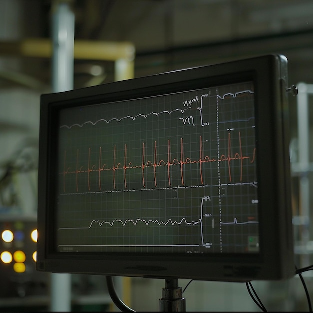 Photo straight lines on ecg screen a hospital ward rescue scenario