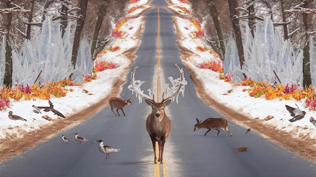 Photo a straight road covered in snow and ice with vibrant colors and wildlife in focus