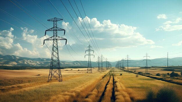 a straight row of high voltage pylons in the midst of a vast rural landscape highlighting the longreaching power lines disappearing into the horizon