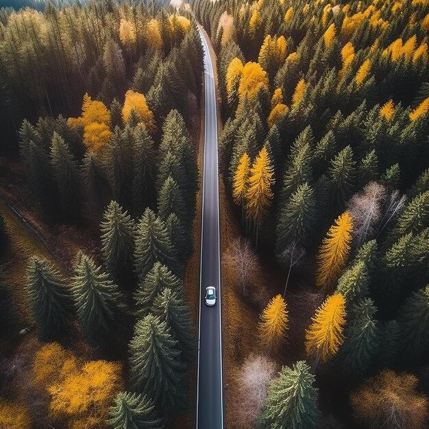 Straight single road in the middle of colored forest