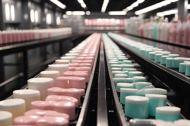 Photo straightline conveyor belt carrying newlybottled luxury shampoos