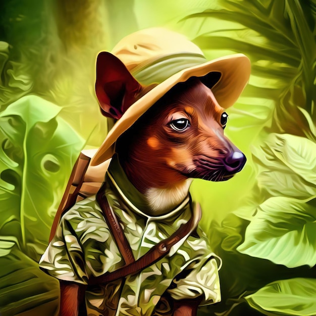 Strange dog in hunting clothes in the jungle portrait Ai generated illustration