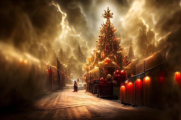 Strange night cristmas street background with christmas spruce trees snow and fair stalls neural network generated art