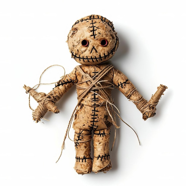 Photo strange voodoo doll inflicts isolated on white background