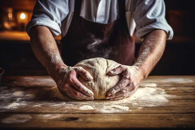 Strange young man kneading dough on wooden slab generative AI