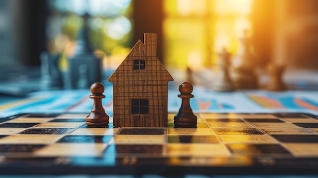 Photo strategic real estate planning concept with house model on chess board