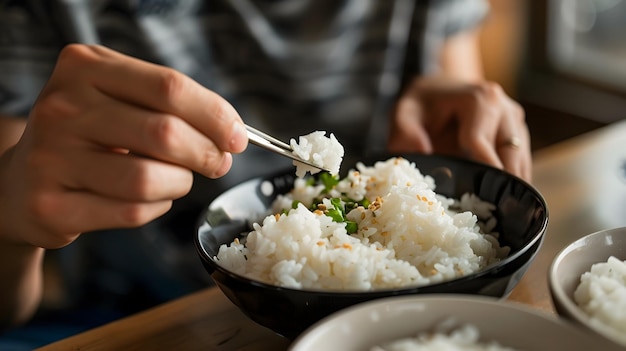 Photo strategizing meal person thoughtfully consuming rice for optimal productivity