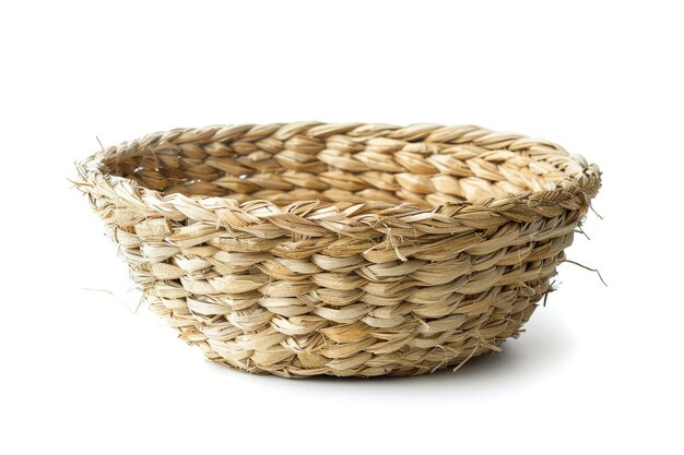 Straw basket with linen on white background