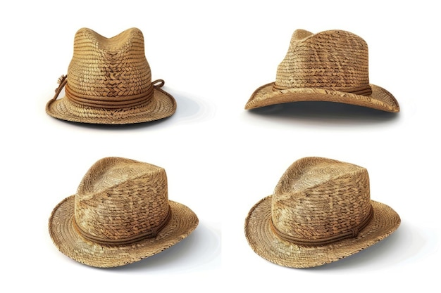 Straw fedora hat isolated on a white background beach hat four views summer hat