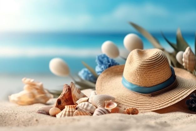 Straw hat and on beach sand beside starfish and seashells in sunlight Generative AI