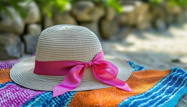 Photo straw hat on colorful towel