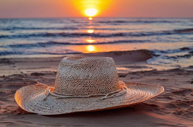 A straw hat lies on the sand on the beach against the background of the sea during sunset Generative AI