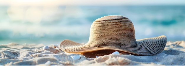 Straw hat resting on a sandy beach with the ocean in the background