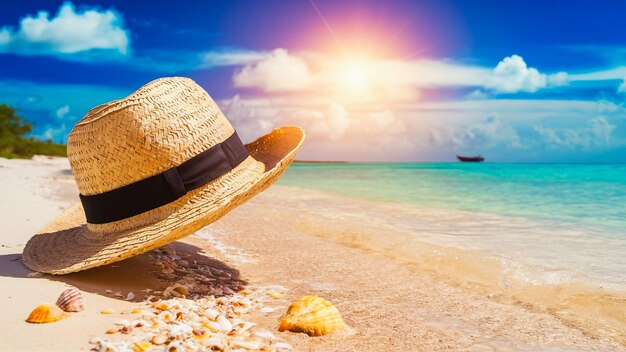 a straw hat sits on a beach with a boat in the background