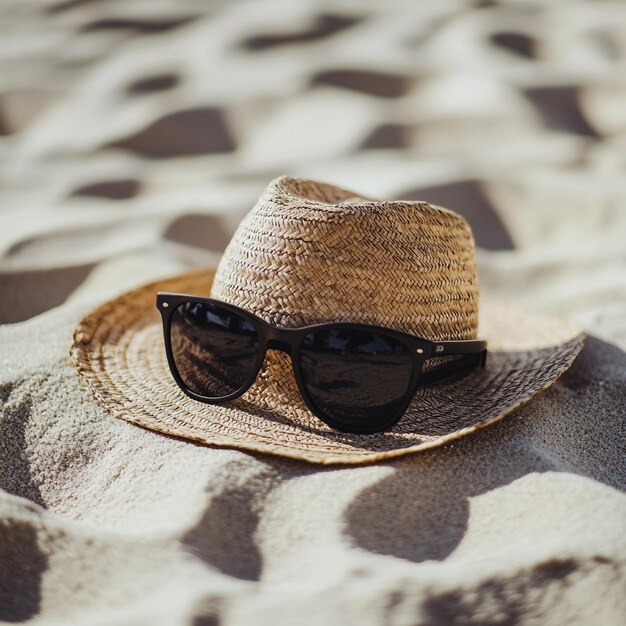 Photo a straw hat and sunglasses are on the beach