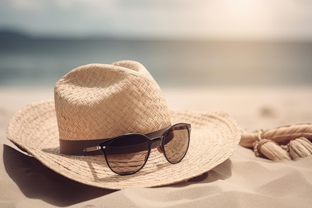 Straw hat and sunglasses on the beach Beach holiday concept