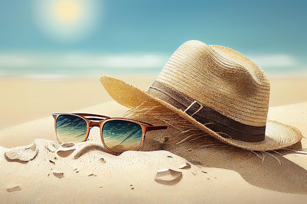 Straw hat and sunglasses on beach Generative Ai