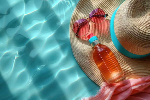 Straw hat sunglasses and bottle of sunscreen lay on pink towel beside pool of shimmering water