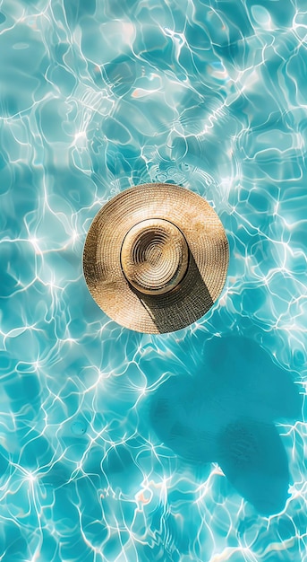 A straw hat and sunglasses float on the surface of an azure swimming pool