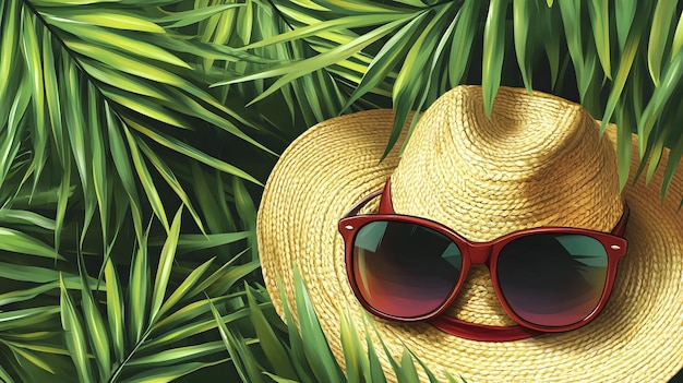 Photo straw hat and sunglasses resting on lush palm fronds