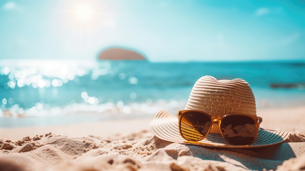 Straw hat and sunglasses on sunny beach with clear blue sky