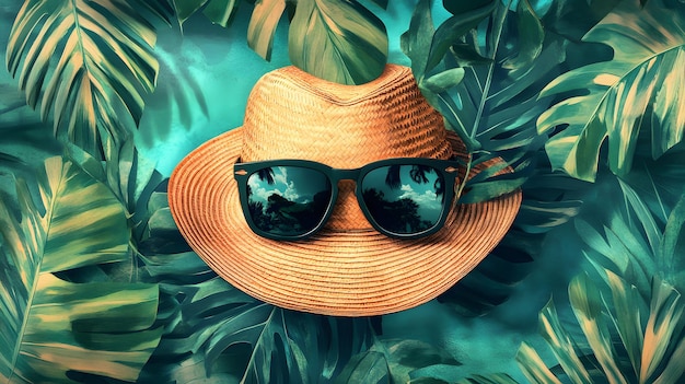 Photo straw hat and sunglasses surrounded by tropical leaves