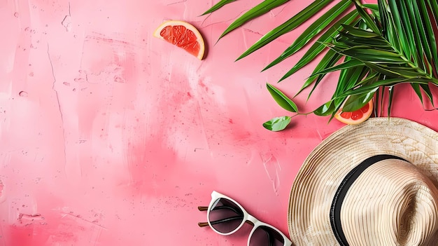 Straw hat sunglasses and tropical leaf on pink background Generative AI illustration