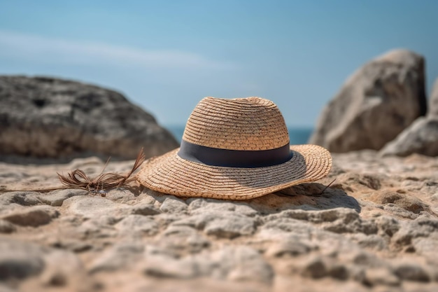 A straw hat with a black band is laying on a rocky beach.