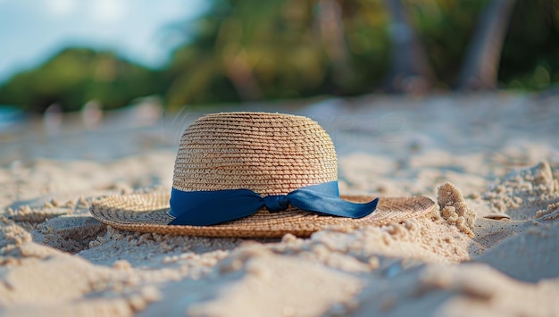 Photo straw hat with blue ribbon on sandy beach