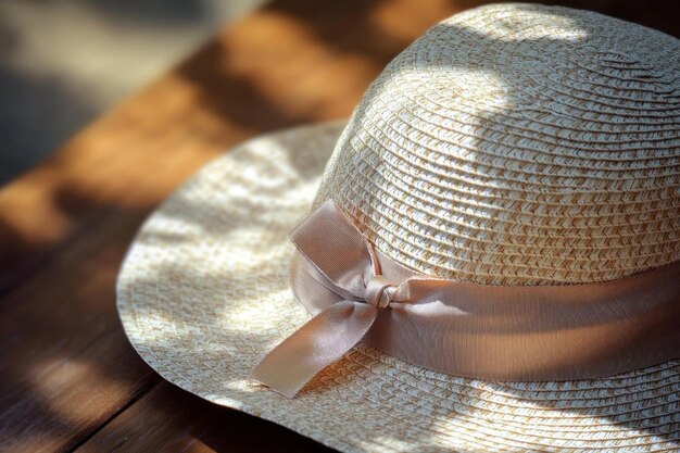 Photo straw hat with bow in sunlight