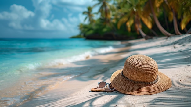 A straw hat with an exotic cocktail and sunglasses on a sandy beach Concept of summer holidays