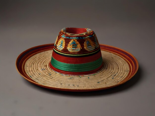 straw hat with a red band and green stripes on it