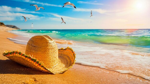 straw hat with straw hat and seagulls flying in the sky